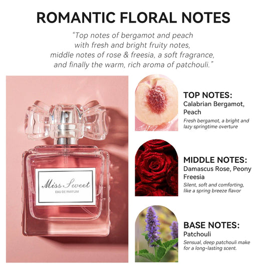 Eau de Parfum Femme 50ml – Notes Florales | Pêche, Rose, Bergamote & Patchouli